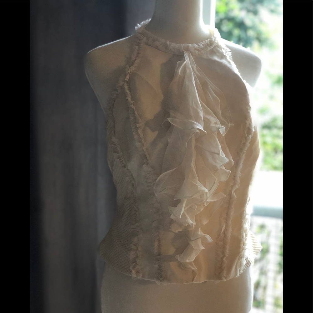Badgley Mischka white low back top with ruffle embellishment size 10